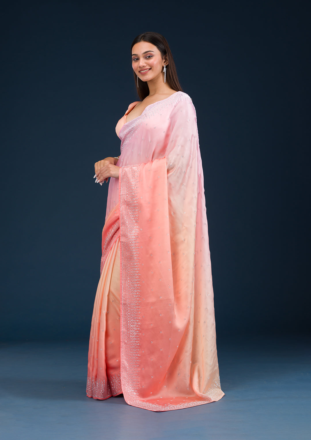 Light Orange Stonework Satin Saree - Image 6